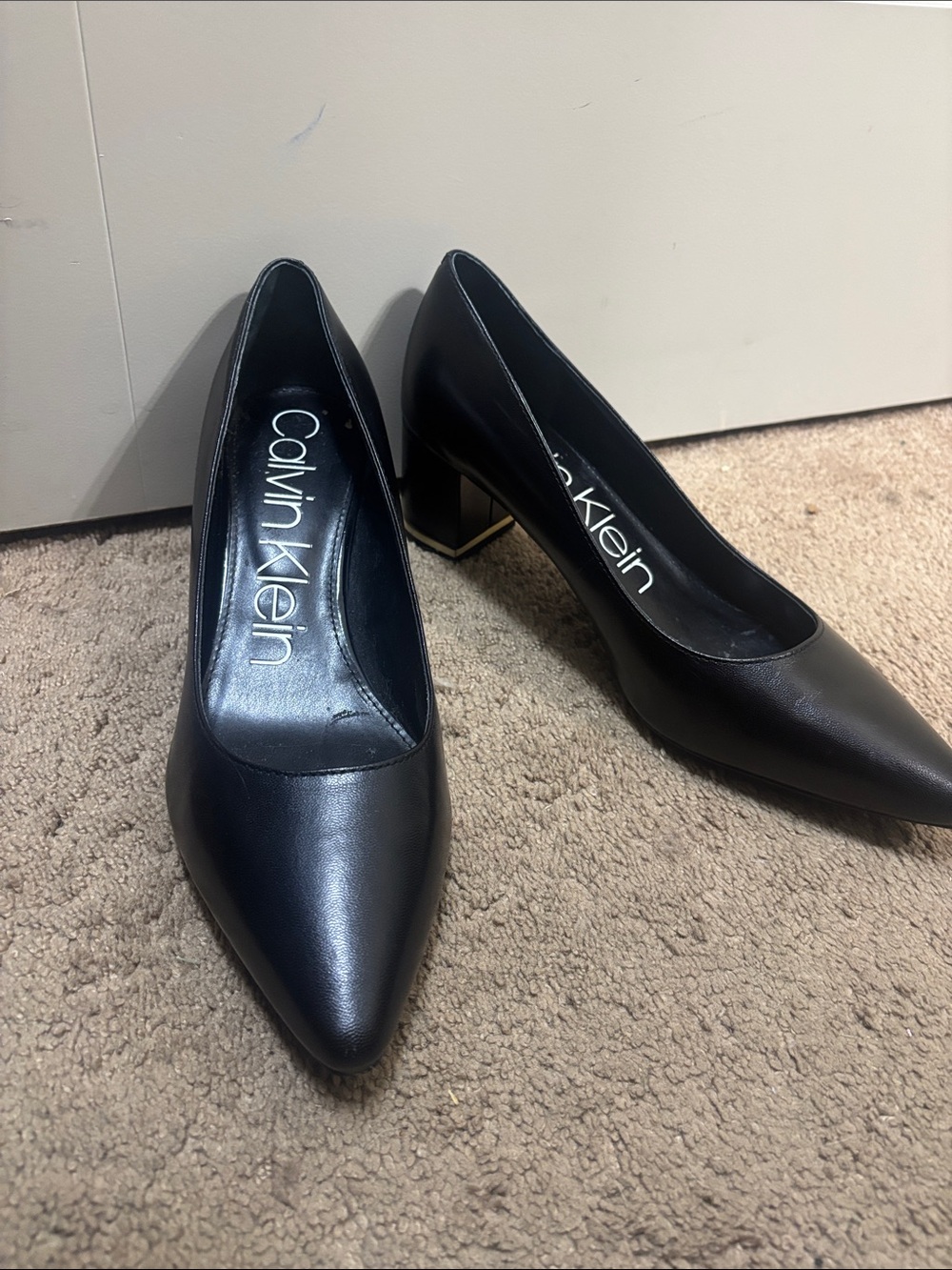 Calvin Klein Black Pointed Toe Block Heel Pumps